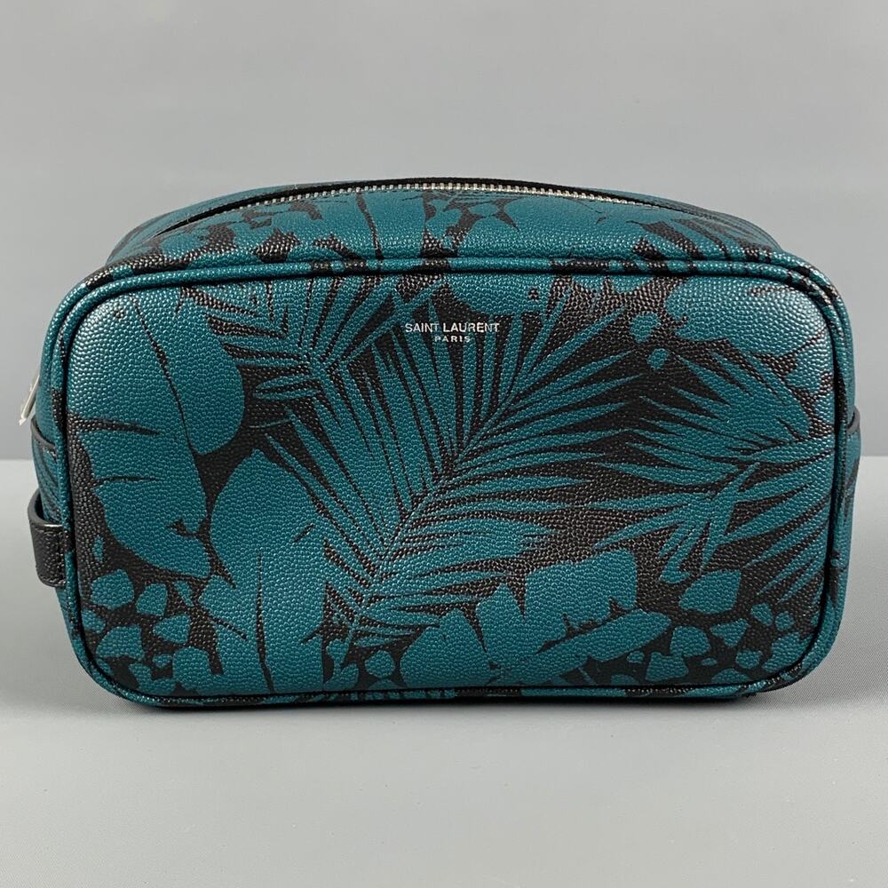 SAINT LAURENT Blue Black Leaves Canvas Toiletry Handbag